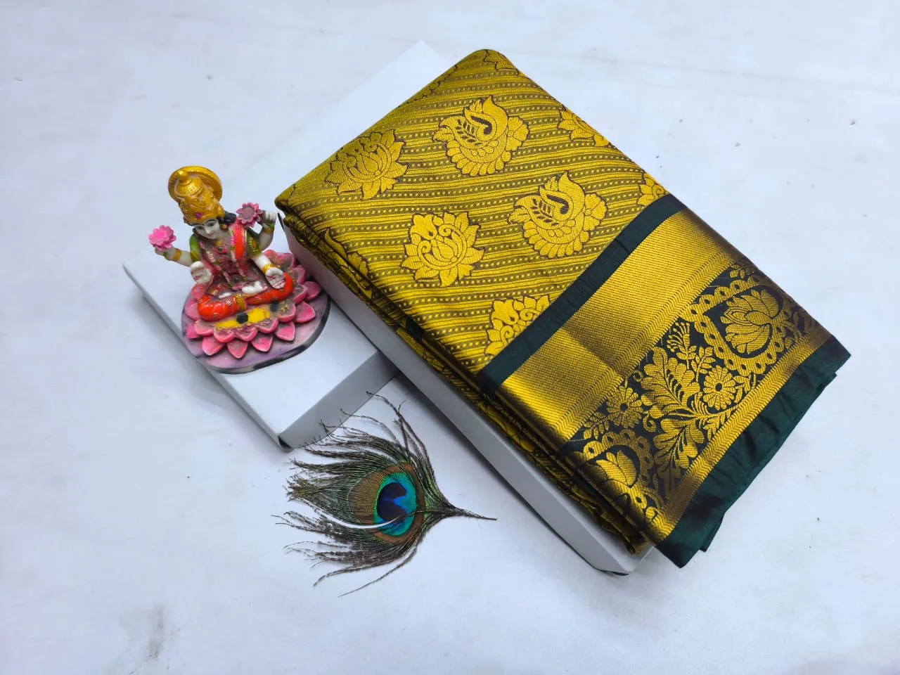 Mustard Gold with Bottle Green Striped Lotus Butta Kanchipuram Silk Saree